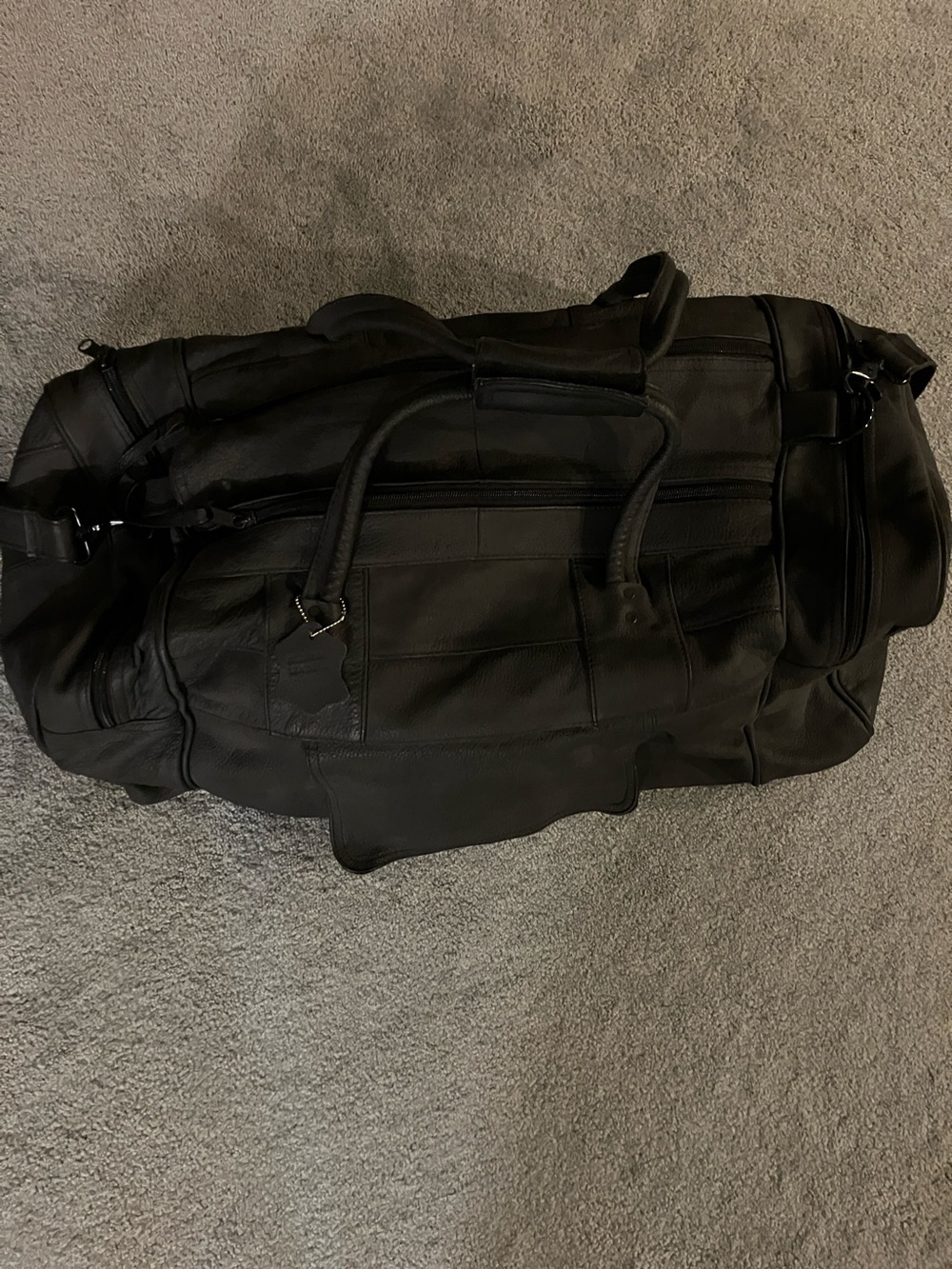 Classic Black Leather Weekender Duffel Bag